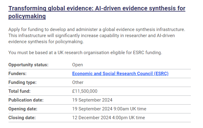 Economic and Social Research Council (@esrc) on Twitter photo Funding Opportunity 📣
Together with <a href="/SciTechgovuk/">Department for Science, Innovation and Technology</a> we are launching a major investment to develop and manage a global evidence synthesis infrastructure.
⏰ Closes 12 Dec
Find out more: orlo.uk/Lz81B Funding Opportunity 📣
Together with <a href="/SciTechgovuk/">Department for Science, Innovation and Technology</a> we are launching a major investment to develop and manage a global evidence synthesis infrastructure.
⏰ Closes 12 Dec
Find out more: orlo.uk/Lz81B