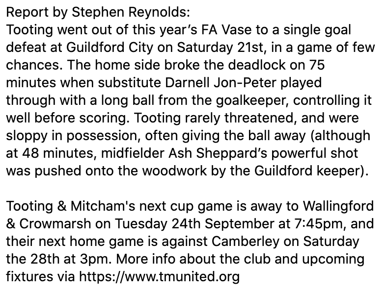 #Tooting &amp; #Mitcham United FC <a href="/OfficialTmufc/">Tooting & Mitcham United FC</a> weekly report!

Tooting &amp; Mitcham's next cup game is away to Wallingford &amp; Crowmarsh tomorrow and their next home game is against Camberley on Saturday. More info: tmunited.org

Photos by <a href="/iamsam28/">Sam Conquest</a>