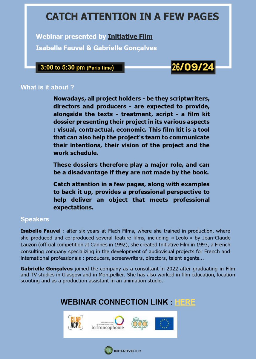 🎥📄 Master the art of crafting a film kit that captures attention in just a few pages!

Join @isabelle_fauvel and Gabrielle Gonçalves from Initiative Film on 26 September 2024 for a webinar on how to create standout film kits.

🔗 us06web.zoom.us/meeting/regist…

#Filmmaking