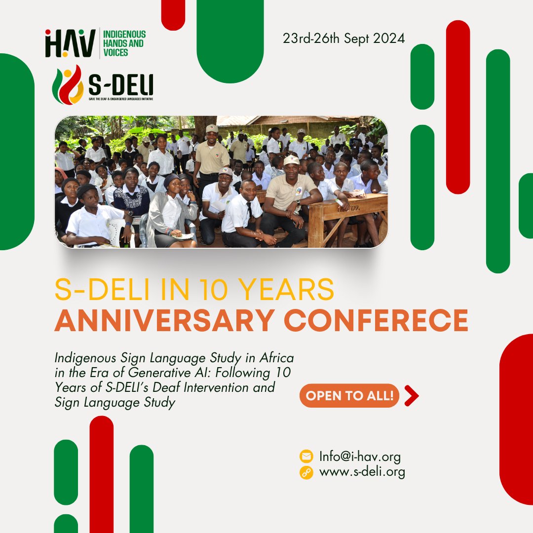 Join the S-DELI 10-Year Anniversary Conference! Celebrating Deaf literacy &amp; indigenous sign language study in Africa and beyond. 

🗓️ 23-26 Sept 24
💻Zoom, YouTube, Facebook
Day 1: YouTube Premiere (2pm) + Zoom discussion (3pm) WAT
#signlanguage #DeafLiteracy #IndigenousLanguages