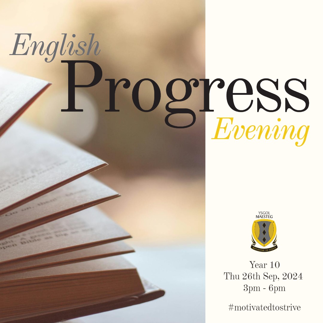 📖 Year 10: English Progress Evening

Thursday 26th September, 2024: 3pm - 6pm

📨 Check your emails for instructions in how to book an appointment. We look forward to seeing you!

#motivatedtostrive