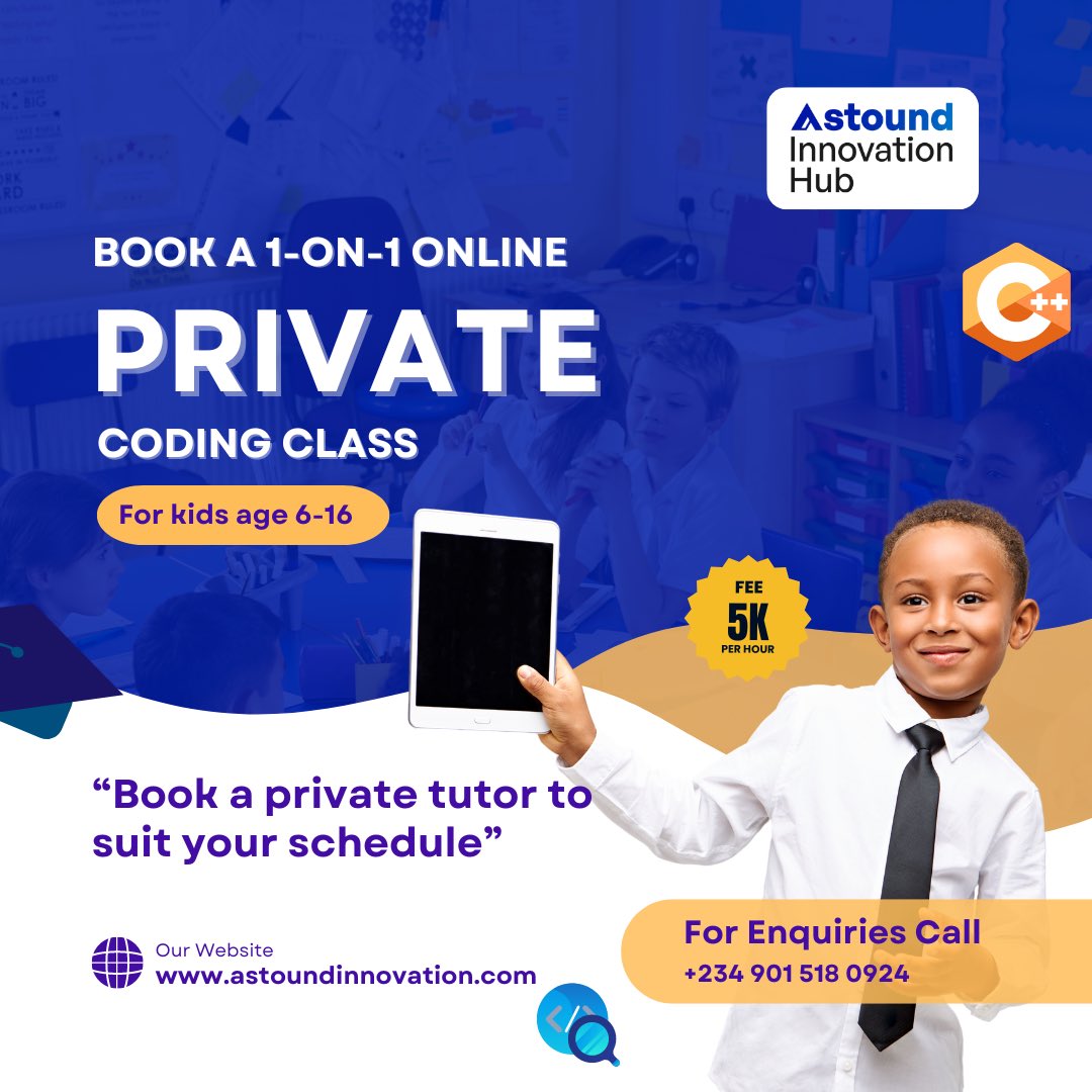 Exciting News! 🚀

Due to popular demand, we're launching our 1-on-1 Coding Academy for kids! 🎉 Now your child can continue their tech journey with flexible, virtual classes at just  ₦5,000 per hour.

Call for more info: +2349015180924

#CodingForKids #AstoundIhub