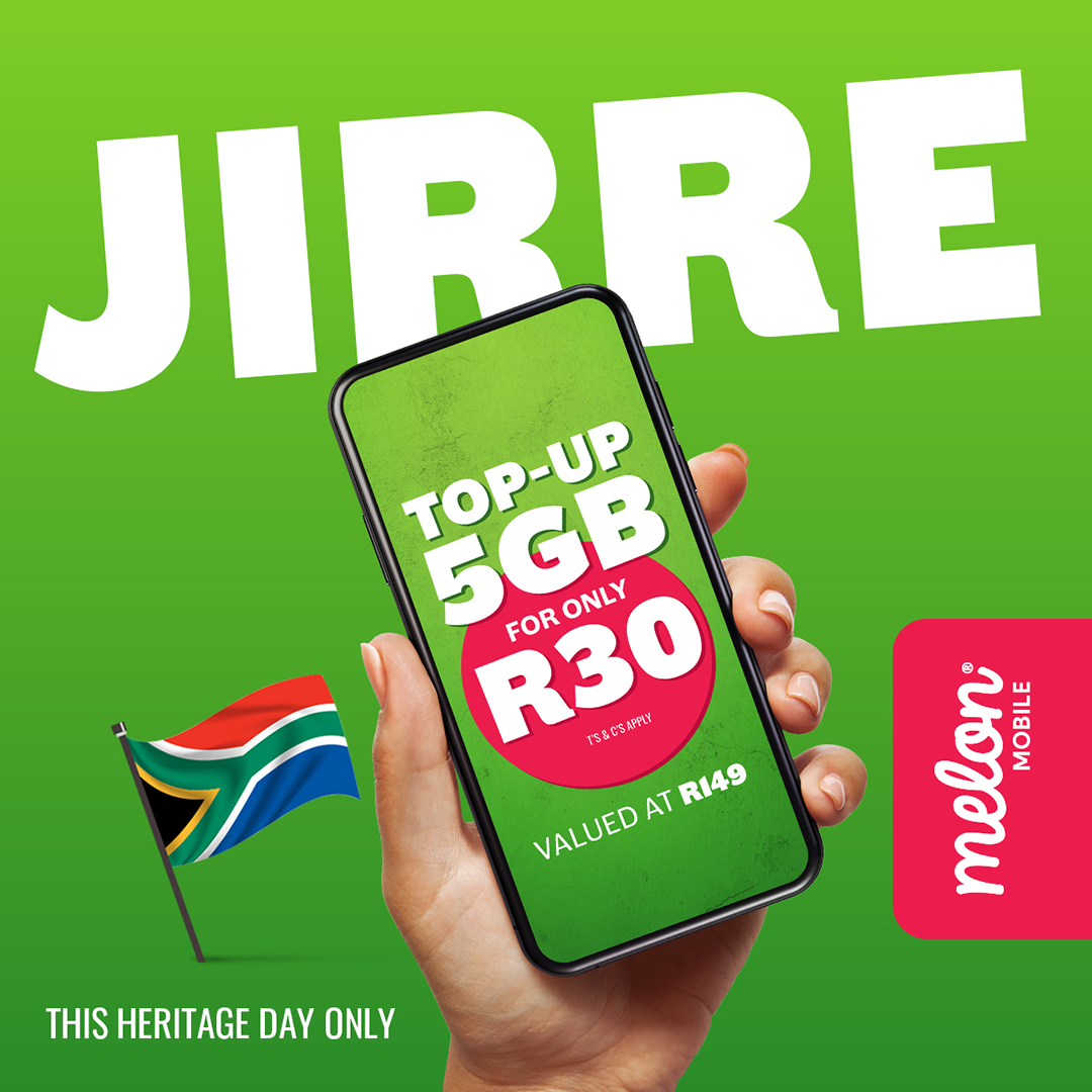 melonmobileza's tweet photo. f youโre a Melon customer, top-up on Heritage Day with 5GB Data for just R30. One day only, and then go braai ๐
#TryMelon #HeritageDay https://t.co/1eG2XFFkH3