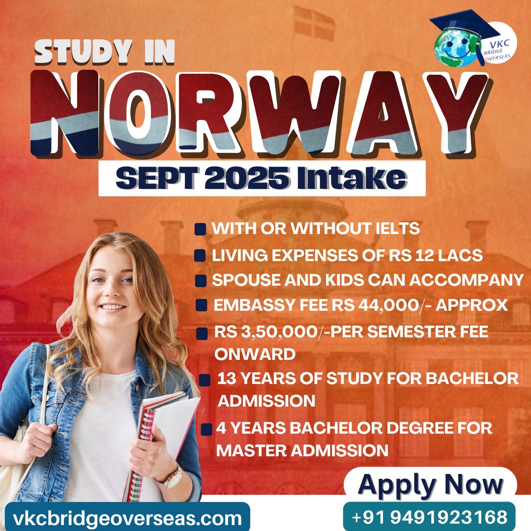 VkcBridge's tweet photo. Study in Norway : Education That’s Free and World-Class! 🇳🇴

Top Universities: Get your degree from Norway’s leading institutions.

💼 Work After Study: Benefit from Norway’s 2-year post-study work visa.

#StudyInNorway2025 #VKCBridgeoverseas #StudyAbroad #StudyInNorway https://t.co/tR3abHOG1M