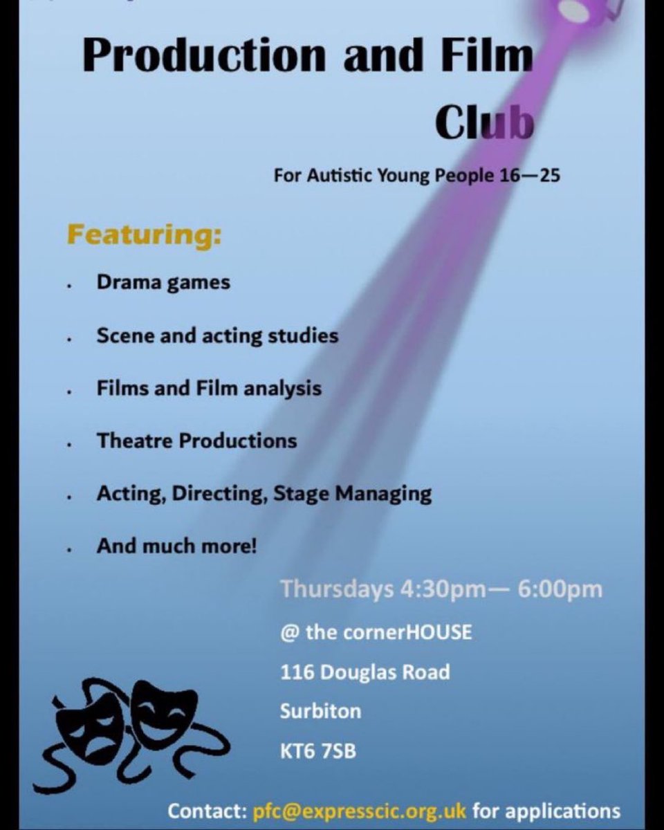 Would you like to join our Production and Film Club for autistic young people aged 16-25?
contact pfc@expresscic.org.uk for an application for a taster session