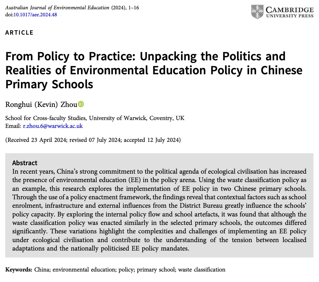New Publication Alert✅! My #OpenAccess article used waste classification policy in Chinese primary schools to explore the tension between localised adaptations and the nationally politicised environmental education policy mandates.#EnvironmentalEducation
doi.org/10.1017/aee.20…