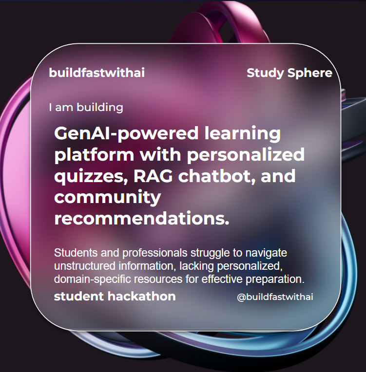 Nio_204's tweet photo. I am participating in the @BuildFastWithAI Hackathon, our team will be working on this project "StudySphere" for this hackathon.
#educhain #eduhackathon #buildfastai https://t.co/FFK4vqzpJg