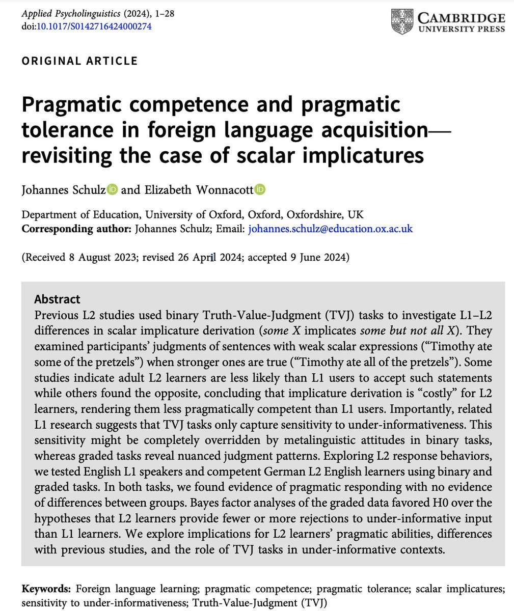 Johannes Schulz (@joschulzlingu) on Twitter photo 🚨 New paper w/<a href="/lizwonna/">Elizabeth Wonnacott</a>! We scrutinise Truth-Value-Judgments in L2 implicature derivation research and argue that they only capture sensitivity to under-informativeness. We support this with experimental data. Pre-reg/script/data/analysis/materials online tinyurl.com/d3ndhphm 🚨 New paper w/<a href="/lizwonna/">Elizabeth Wonnacott</a>! We scrutinise Truth-Value-Judgments in L2 implicature derivation research and argue that they only capture sensitivity to under-informativeness. We support this with experimental data. Pre-reg/script/data/analysis/materials online tinyurl.com/d3ndhphm