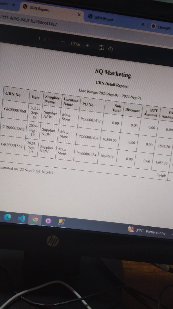 asfaqah16919030's tweet image. My task today at work is to prepare a report for GRN as part of the Inventory Management System we're developing for our clients