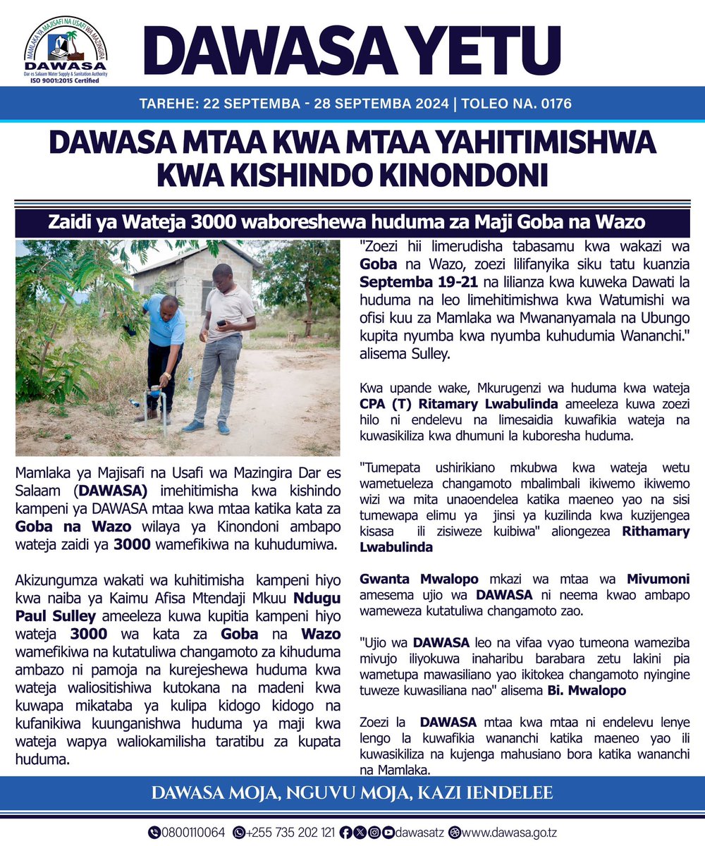 dawasatz's tweet photo. Gazeti mtandao wiki hii
#DAWASA Mtaa kwa mtaa yahitimishwa kwa kishindo Kinondoni.
#Tuelimikepamoja https://t.co/xrcFyRcBAA