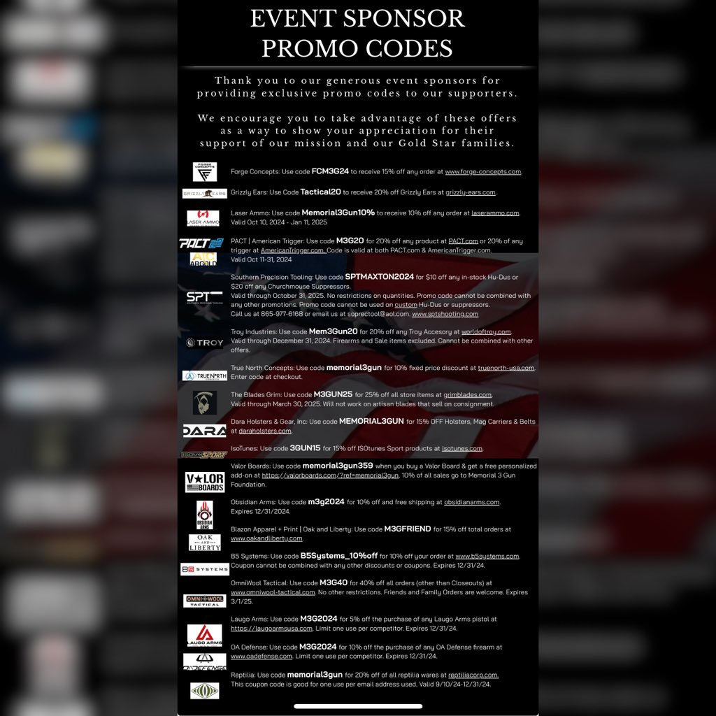 Memorialvalor's tweet photo. Did you know? Many of our annual sponsors provide provide promo codes specifically in support of the foundation. Use these codes to get a discount and to show your support to our great community, https://t.co/r1x2CsOQmj