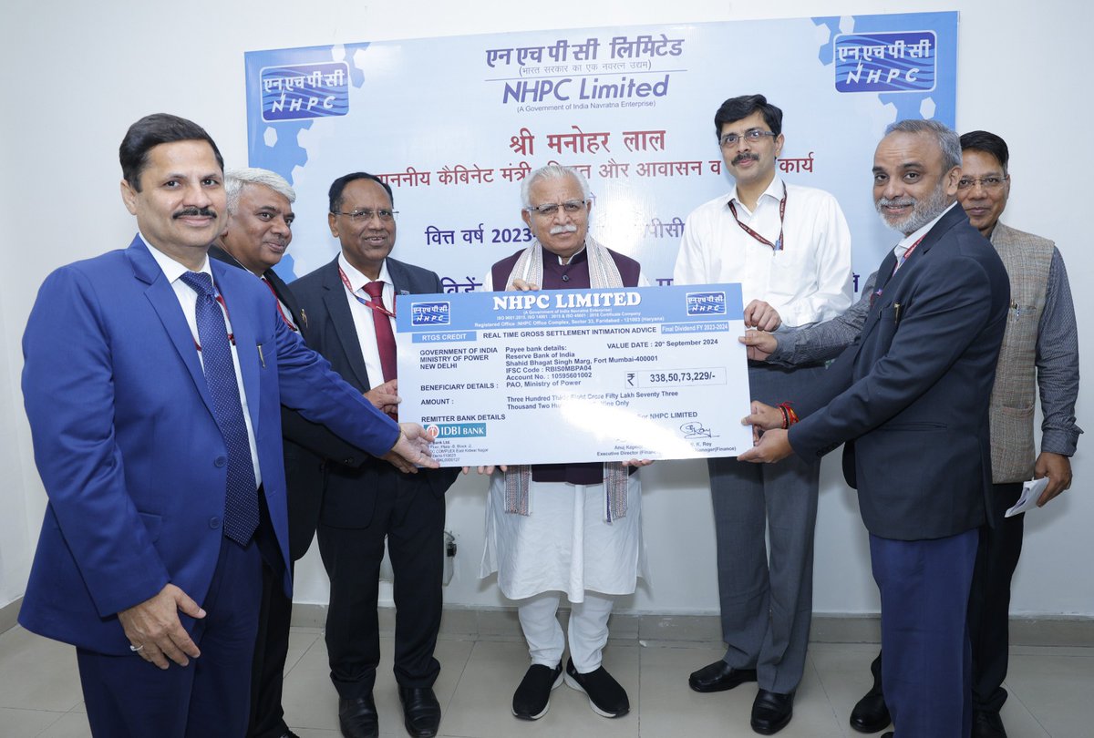 nhpcltd's tweet photo. NHPC, a premier hydro power Company and a ‘Navratna’ Enterprise of the Government of India has paid a final dividend of Rs. 338.51 Crore to Government of India for the F.Y. 2023-24 on September 20th, 2024. In addition, an interim dividend of Rs. 947.82 Crore for the F.Y. 2023-24 was paid on March 05, 2024 aggregating total dividend of Rs. 1286.33 Crore for the F.Y. 2023-24.

The dividend payout bank advice was presented to Shri Manohar Lal, Hon’ble Union Minister of Power and Housing and Urban Affairs by Shri R.K. Chaudhary, CMD, NHPC on 23rd September, 2024 in the presence of Shri Pankaj Agarwal, Secretary (Power), Shri Srikant Nagulapalli, Additional Secretary (Power), Shri Mohammad Afzal, Joint Secretary (Hydro) from Ministry of Power and Shri R.P. Goyal, Director (Finance), Shri Uttam Lal, Director (Personnel) and Shri Sanjay Kumar Singh, Director (Projects & Technical) from NHPC.
#dividend 
#NHPC 
#Hydropower 
#RenewableEnergy 
#Sustainability 
#GreenEnergy @mlkhattar @MinOfPower @PIB_India