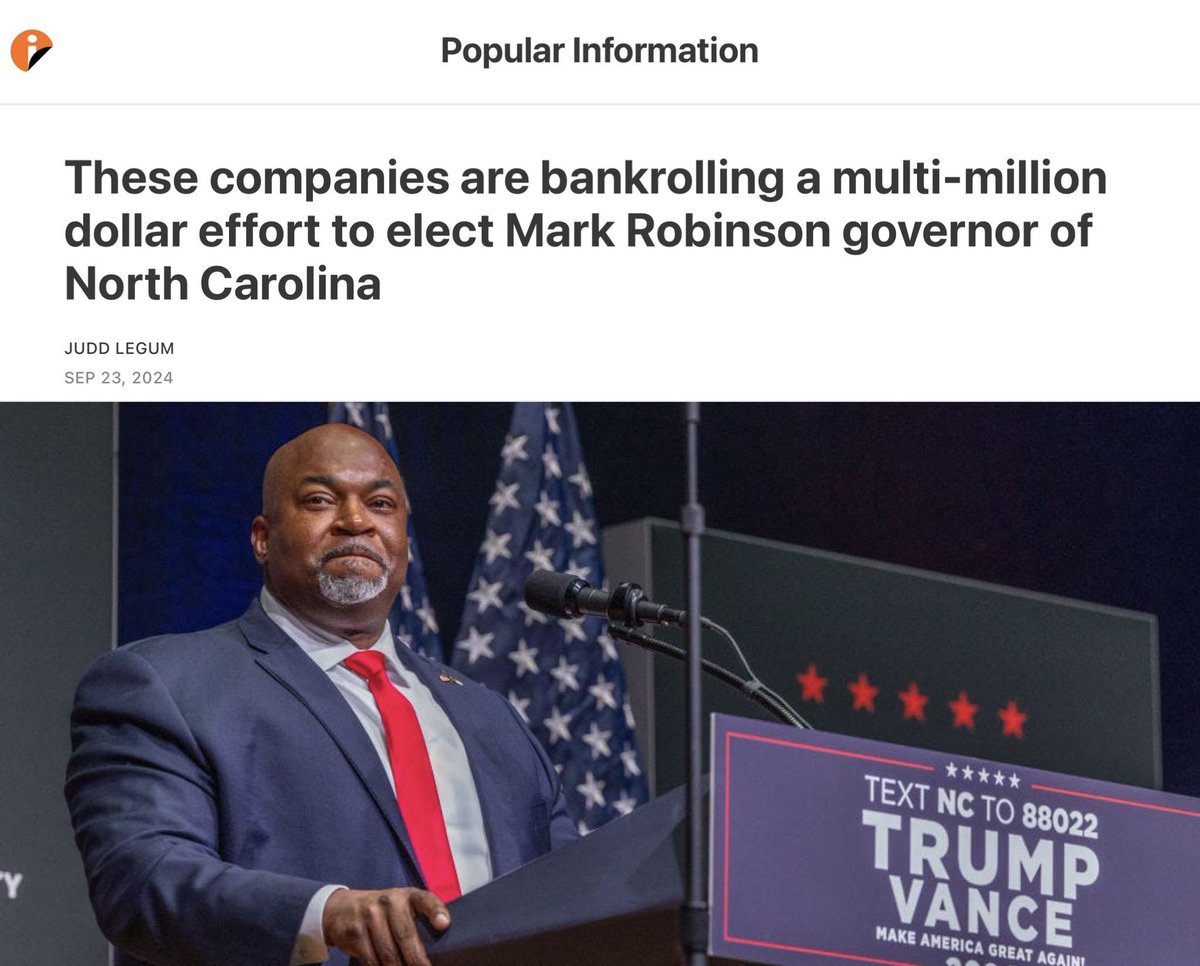 DarrigoMelanie's tweet image. Here’s how much corporations are spending to elect right-wing gubernatorial candidates like Mark Robinson. 

DoorDash: $625k
Google: $585k
Walmart: $570k
CVS: $550k
Microsoft: $550k
Travelers Ins: $460k
Amazon: $450k
Deloitte: $400k
Charter: $385k
Oracle: $325k
Pfizer: $300k
⬇️