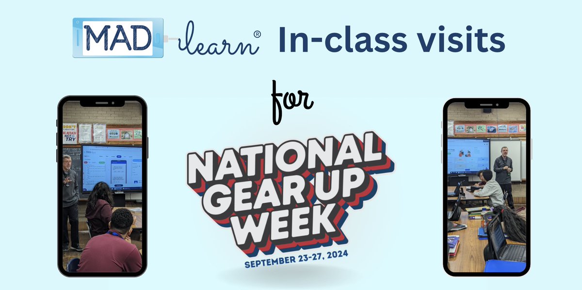 MADLearn's tweet photo. National #GUweek is finally here! In celebration of 25 years of GEAR UP and National GEAR UP Week, @MADLearn is visiting classes around the country to promote college and career readiness through mobile app development and engaging hands-on activities.
#GEARUPworks #TEACHers https://t.co/41Q8jovdFZ