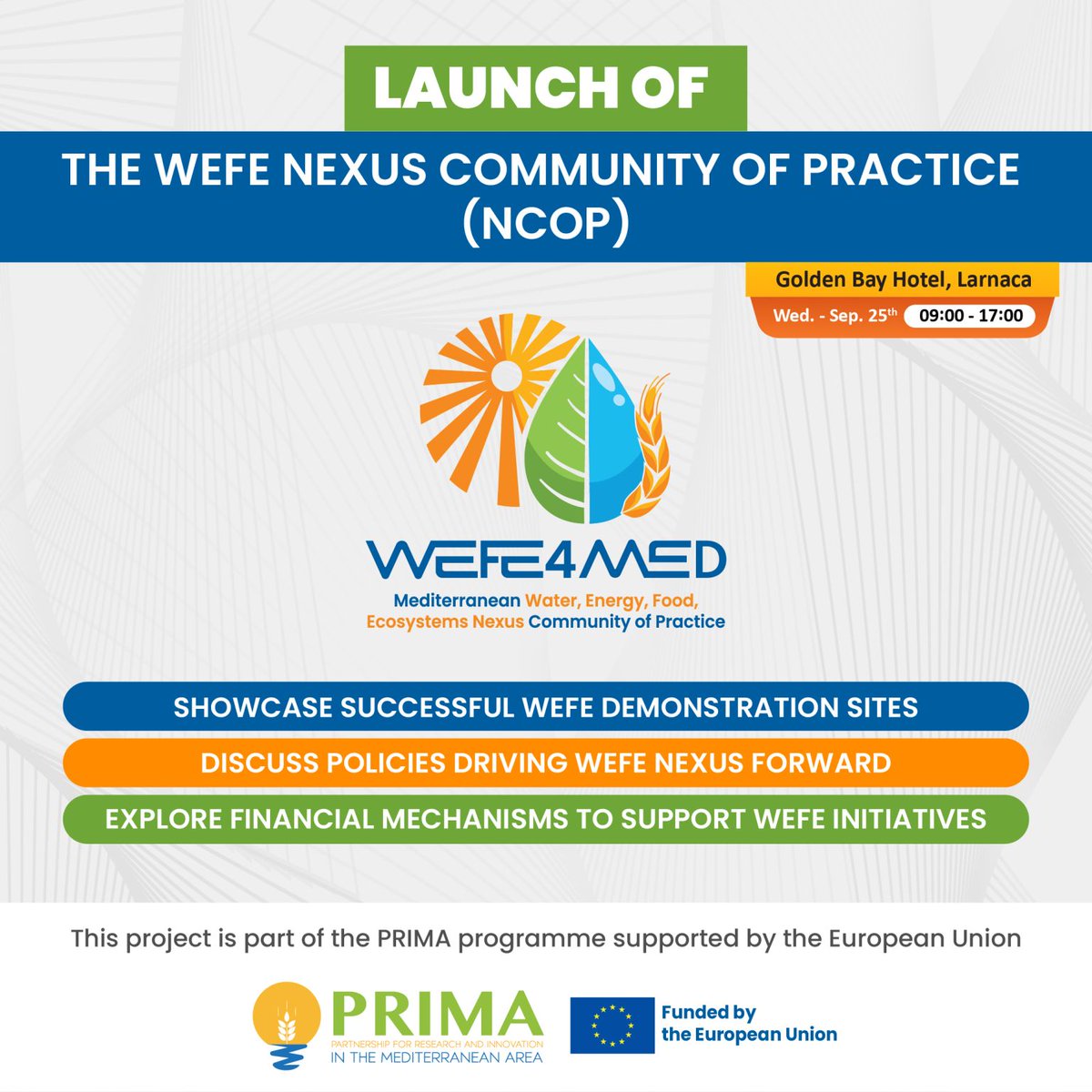 The #WEFENexus Community of Practice Launching Event by <a href="/CyprusInstitute/">The Cyprus Institute</a> in Larnaca 🇨🇾 will
👉facilitate insights exchange
👉enable the co-creation of a WEFE Nexus CoP promoting sustainability &amp; social engagement
🗓️25/9/2024 
⏰09:00-17:00 (UTC)
Register: lnkd.in/dnA_b4cE