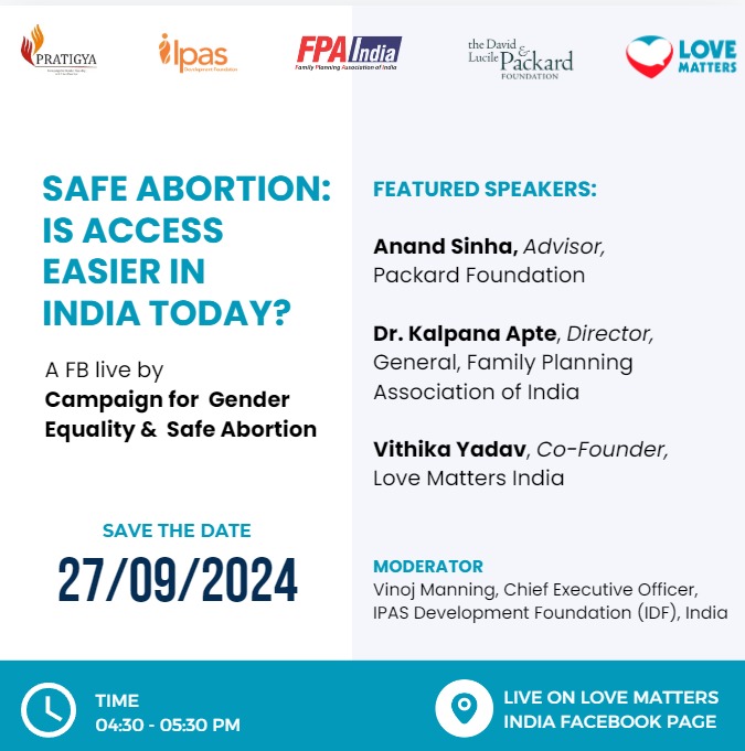 Safe Abortion: Is Access Easier in India Today? Join Anand Sinha, Dr. Kalpana Apte, Vithika Yadav and Vinoj Manning for a discussion and share your views and insights. Hosted by Pratigya Campaign @LoveMattersIndia on Facebook. Register here bit.ly/4eggWfM 
#SafeAbortion
