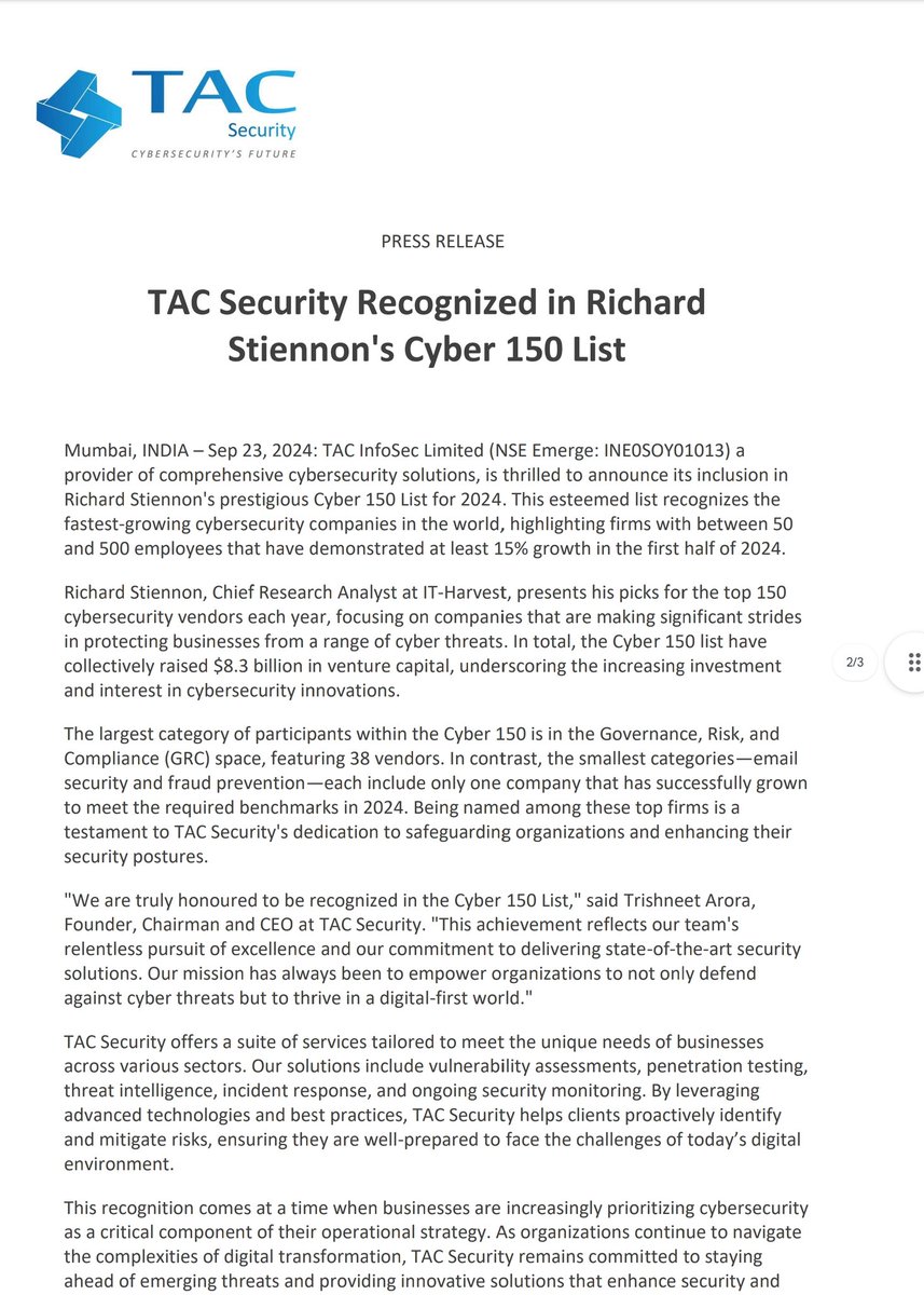 Stockxwatcher's tweet image. #TACSecurity Recognized in Richard Stiennon&apos;s Cyber 150 List ⚡💼

Summary: TAC Security, a leading cybersecurity provider, has been named in Richard Stiennon&apos;s Cyber 150 List for 2024, acknowledging its significant growth and innovation in cybersecurity. The company&apos;s inclusion…