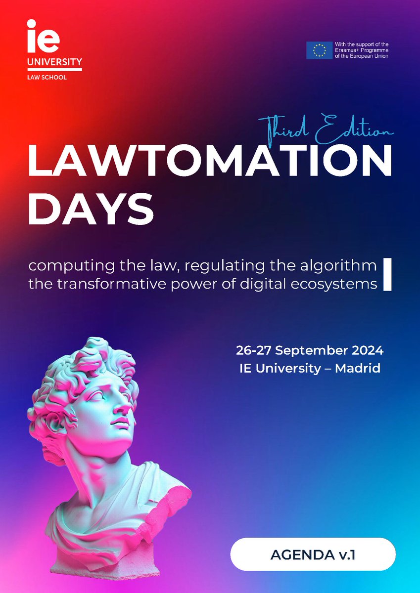 🥁 Join us at #IELawtomationDays 3rd ed to explore how law can shape better 
digital ecosystems. Cross-disciplinary research, transformative insights &amp; top 
experts await! 
 
🔗  Agenda &amp; Sign up: lawtomation.ie.edu/news-events/20…
🗓️ 26 &amp; 27 September 2024
 📍@IElawSchool Tower, Madrid