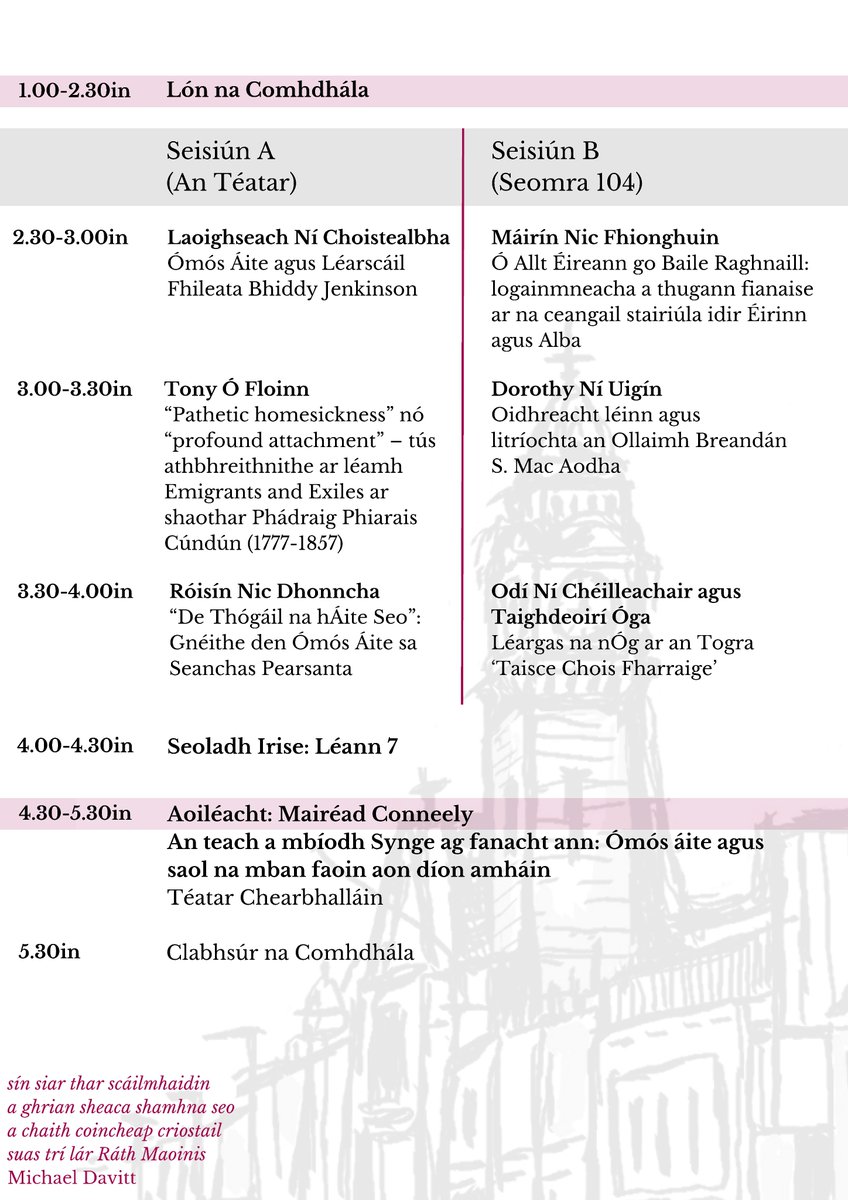 Gaeilge, Ollscoil na Gaillimhe (@gaeilgeonag) on Twitter photo Tá clár na comhdhála ag an gclódóir agus táimid chóir a bheith réidh le fáilte a chur romhaibh chuig Áras na #Gaeilge ag <a href="/uniofgalway/">Ollscoil na Gaillimhe | University of Galway</a> Dé Aoine! Dúnfar an nasc clárúcháin arú amárach, mar sin ní mór clárú go beo ag clr.ie/136315 má tá sé ar intinn agat a bheith linn. Tá clár na comhdhála ag an gclódóir agus táimid chóir a bheith réidh le fáilte a chur romhaibh chuig Áras na #Gaeilge ag <a href="/uniofgalway/">Ollscoil na Gaillimhe | University of Galway</a> Dé Aoine! Dúnfar an nasc clárúcháin arú amárach, mar sin ní mór clárú go beo ag clr.ie/136315 má tá sé ar intinn agat a bheith linn.
