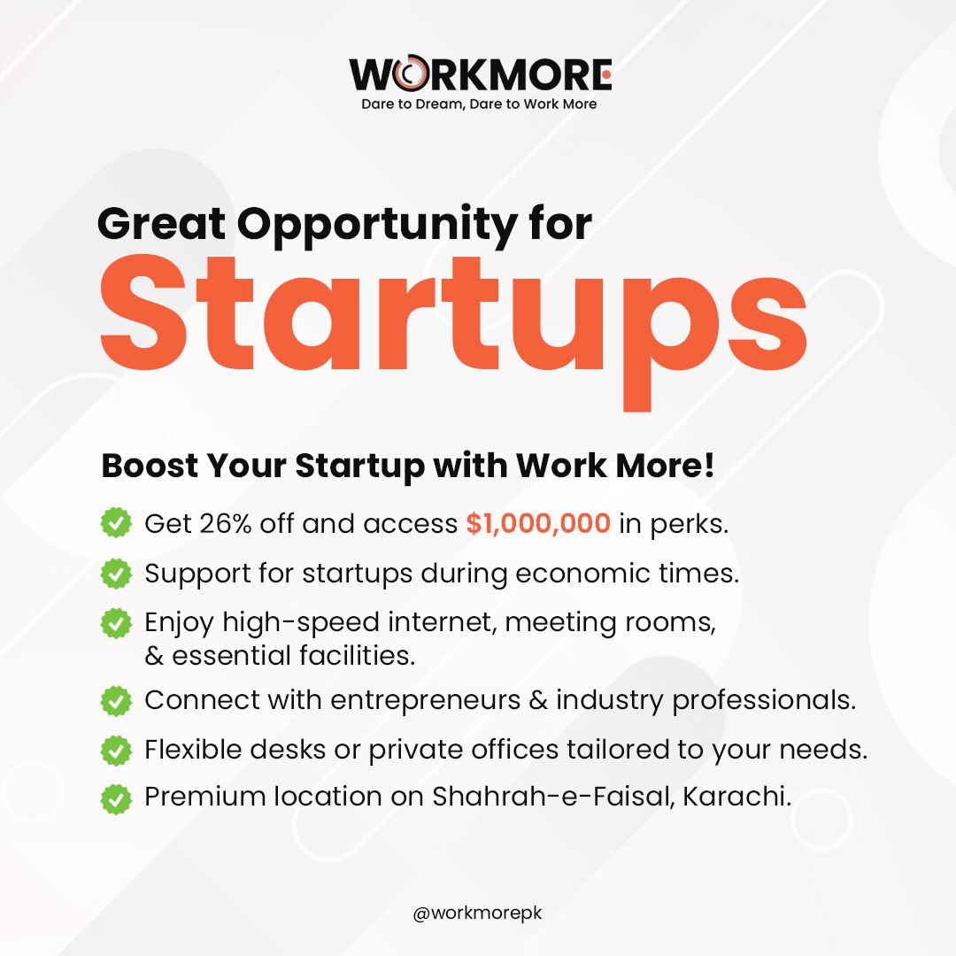 abidbeli's tweet image. BOOST YOUR STARTUP WITH WORKMORE!

Get 26% OFF on coworking spaces
Access $1,000,000 in perks

Grow your business with:

Flexible workspaces
Networking opportunities
Premium location on shahrah e Faisal 

Don't miss out! Book now and accelerate your startup's success!

#WorkMore