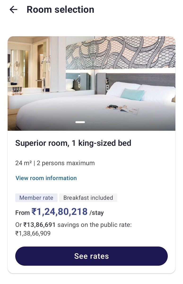 VoyageBliss's tweet photo. Hey #AccorLoyalists,
What's the max nightly rate you've ever seen for a Novotel? Not a PS, just a regular room...
Yours truly presents: ₹1,24,80,218 per night 💸💸💸
Guess they're throwing in the moon and stars too 🌝✨
#ccgeek #ccgeeks #AccorAdventures #RateShock #PointLife https://t.co/QZfQthz0B1