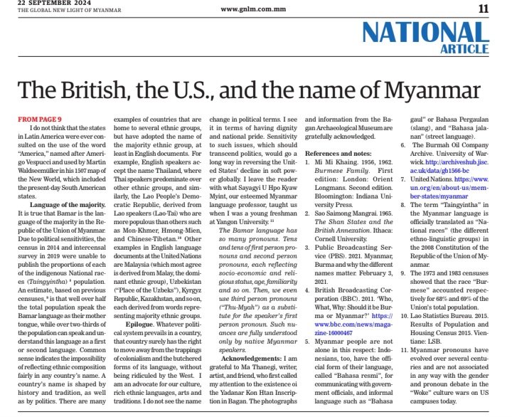 A country's name is shaped by history n tradition, as well as by politics.There r many examples of countries that r home to several ethnic groups,but have adopted the name of the majority ethnic group, at least in English documents. By Dr. Yin Yin Nwe
gnlm.com.mm/22-september-2…
<a href="/BBC/">BBC</a>