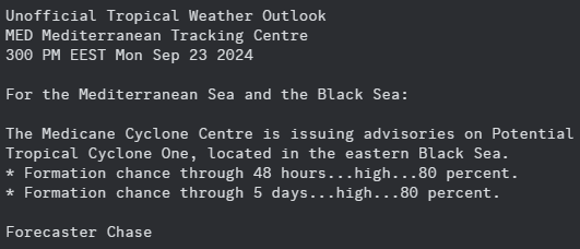 MedicaneTrack's tweet photo. UNOFFICIAL 3pm EEST September 23: There is a high (80%🔴) chance of a tropical disturbance developing in the eastern Black Sea.
#wx #wxtwitter #tropicswx #Medicane #PTC1 https://t.co/U2VjS9lbsi