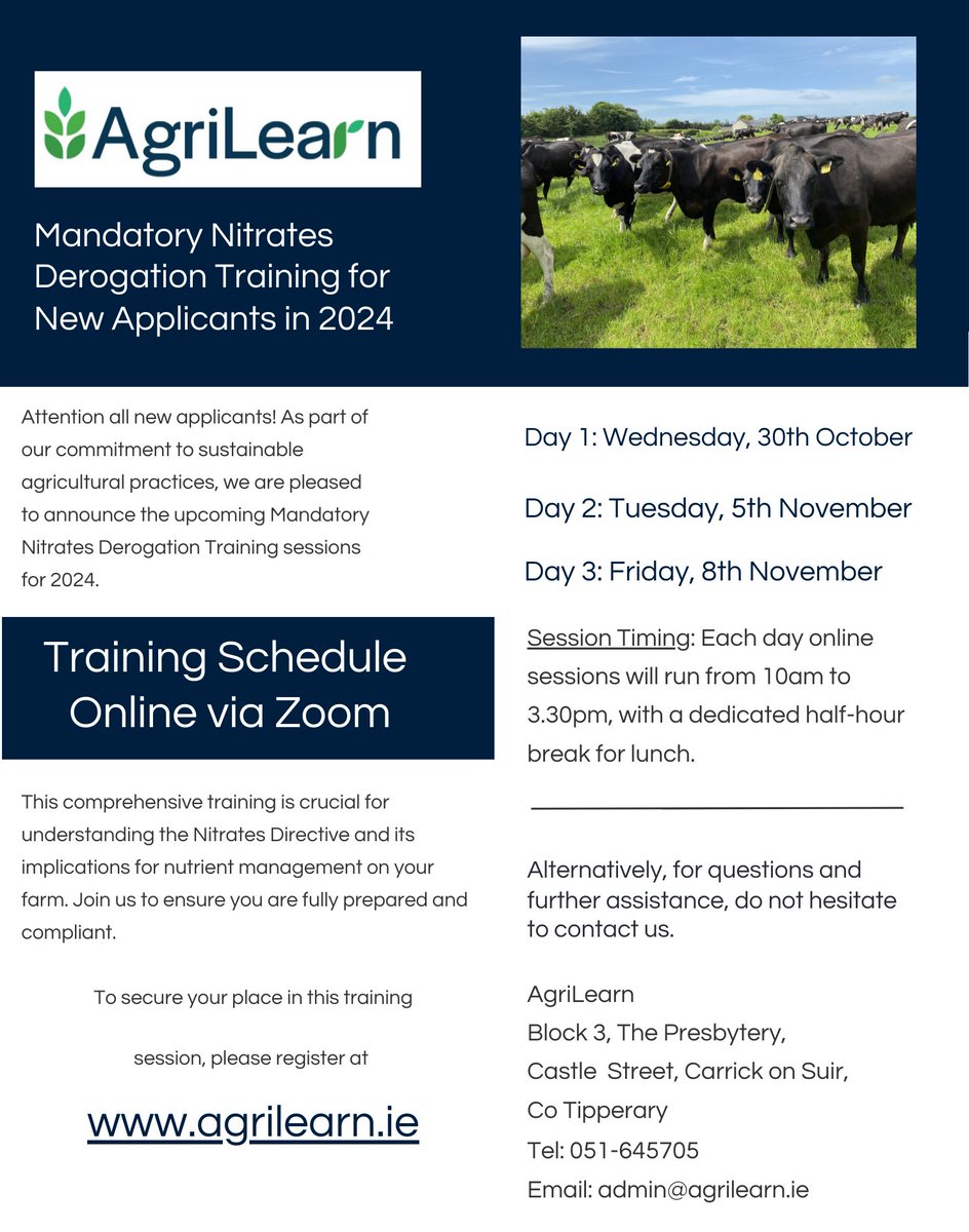 Mandatory Nitrates Derogation Training for all New Applicants in 2024

🗒️To register please visit agrilearn.ie 

🚨Spaces are limited - early registration advised

<a href="/agriculture_ie/">Dept of Agriculture, Food and the Marine</a> <a href="/teagasc/">Teagasc</a>  <a href="/aca_services/">Agricultural Consultants Association (ACA)</a>