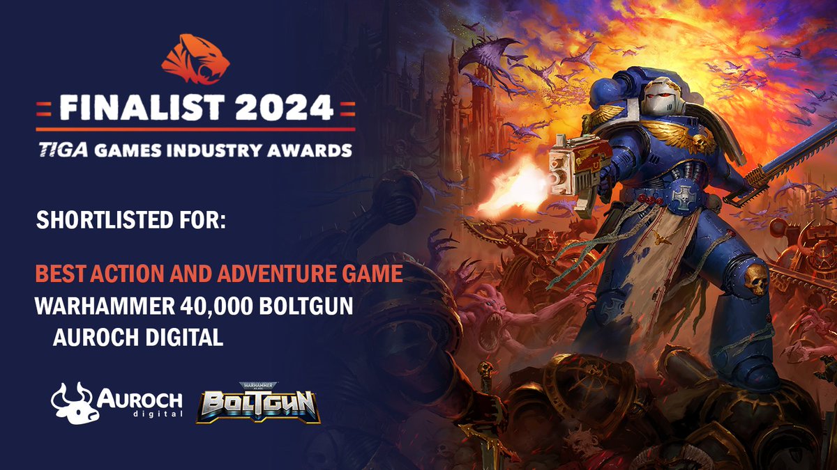 We've been shortlisted for Best Action and Adventure game with Warhammer 40,000: Boltgun at the TIGA Awards 2024🏆

A huge well done to our #Boltgun team and congrats to all the other finalists🎉 

#TIGAawards <a href="/TIGAMovement/">TIGA (Videogames)</a>