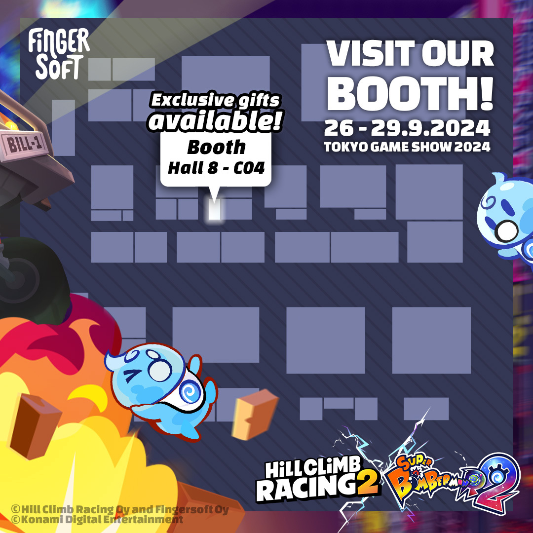 Get ready, Tokyo! 🗼 #Fingersoft is at Tokyo Game Show this week with an explosive surprise! Come visit our #HillClimbRacing2 x Super Bomberman R 2 booth, where you can dive into an epic crossover and snag some exclusive giveaways. Don’t miss out on #tgs2024!