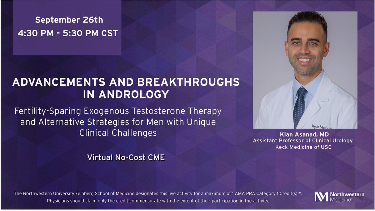 NM Urology (@nm_urology) on Twitter photo 🚨 CME ALERT 🚨
On September 26th, we will be hearing from our former fellow, <a href="/Asanad_MD/">Kian Asanad, MD</a>, Assistant Professor of Clinical Urology at @keckmedicine_USC, as he talks about Fertility-Sparing Exogenous Testosterone Therapy and Alternative Strategies for Men with Unique Clinical 🚨 CME ALERT 🚨
On September 26th, we will be hearing from our former fellow, <a href="/Asanad_MD/">Kian Asanad, MD</a>, Assistant Professor of Clinical Urology at @keckmedicine_USC, as he talks about Fertility-Sparing Exogenous Testosterone Therapy and Alternative Strategies for Men with Unique Clinical