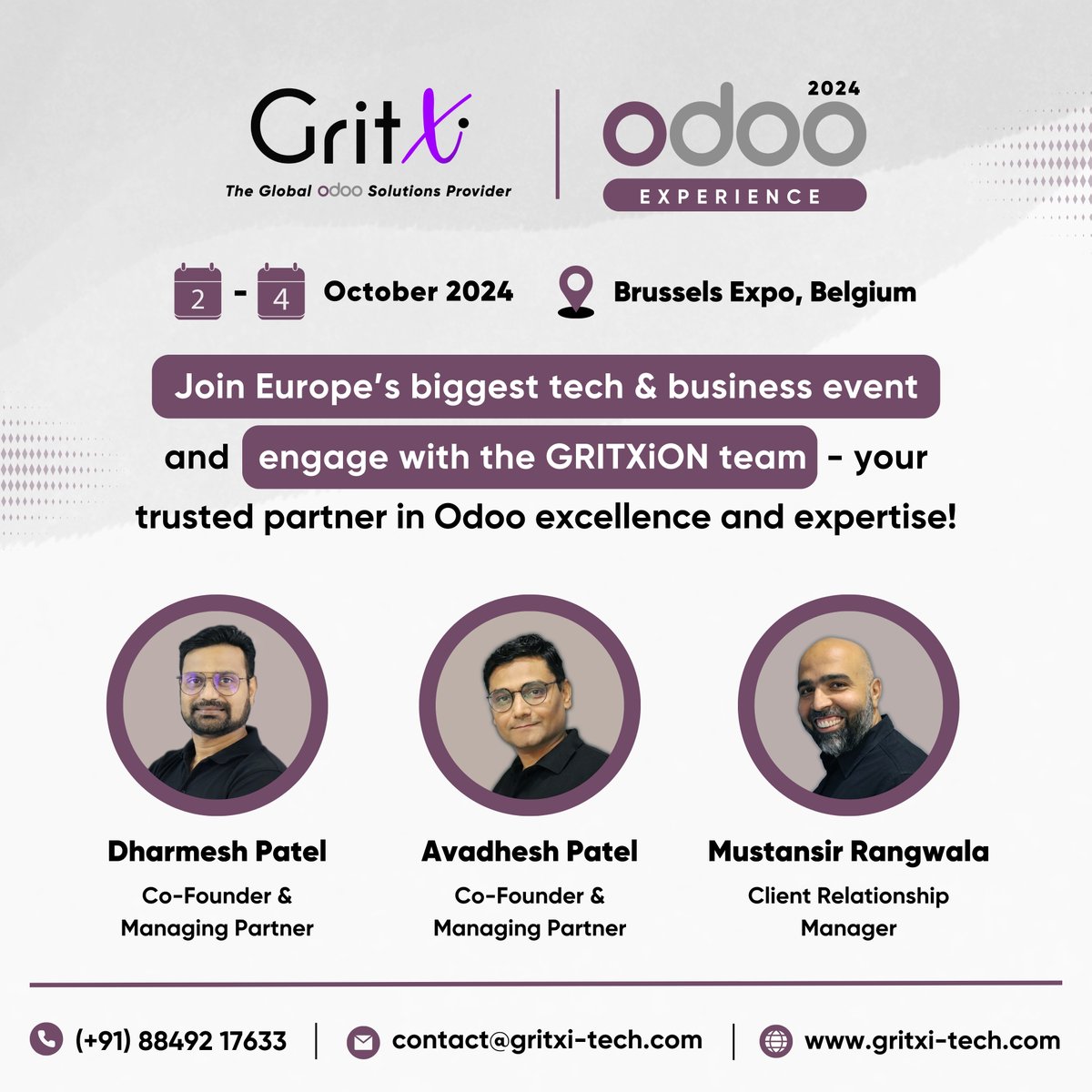 GritXi's tweet photo. 🚀 We're attending #OdooExperience 2024!

Meet the #GRITXiON team from Gritxi at Brussels Expo Belgium! from Oct 2-4, 2024. Let's discuss Odoo solutions, customizations, and ERP expertise! 💡 
#Odoo #TechEvent #ERP #odooevent #odooexperience2024 https://t.co/X33AOEdGyc