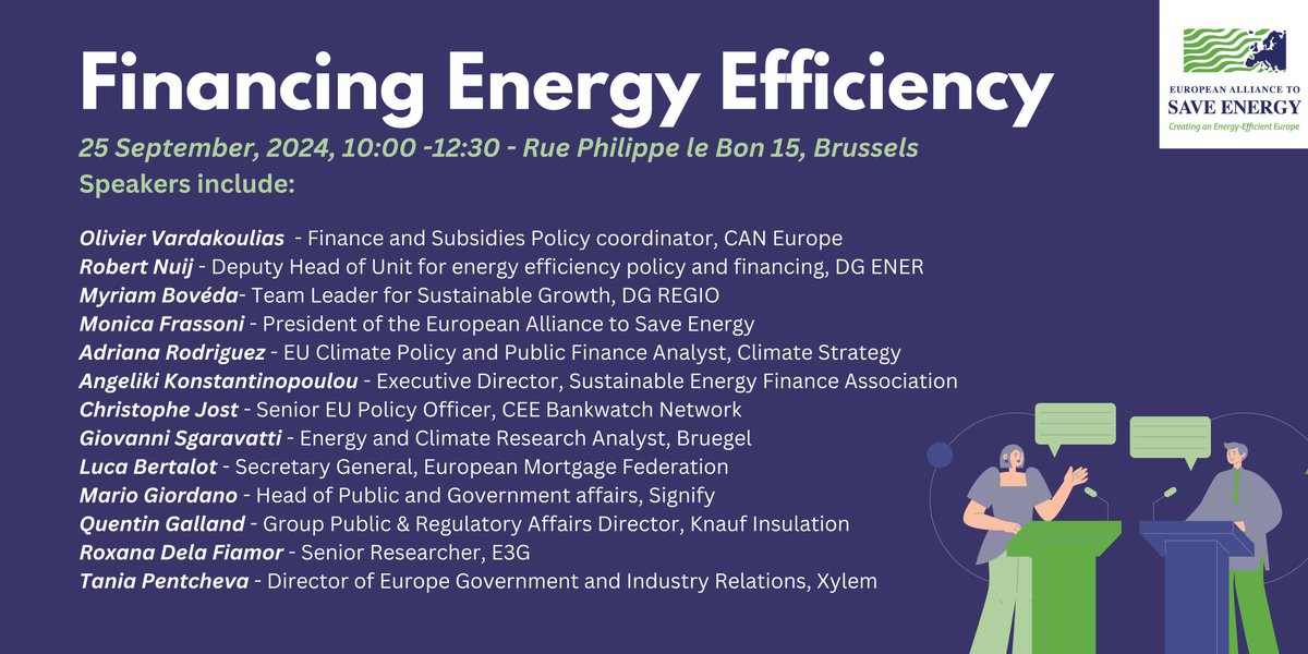 This Wednesday <a href="/Lina_Konst/">Konstantinopoulou</a> will be speaking at the <a href="/EUASE/">European Alliance to Save Energy</a>  event on #Financing #energyefficiency

Join the conversation, discover innovative financial solutions, share your insights and engage with energy industry and institutions professionals.

<a href="/Energy4Europe/">Energy4Europe 🇪🇺</a> <a href="/EUinmyRegion/">EUinmyRegion🇪🇺</a>