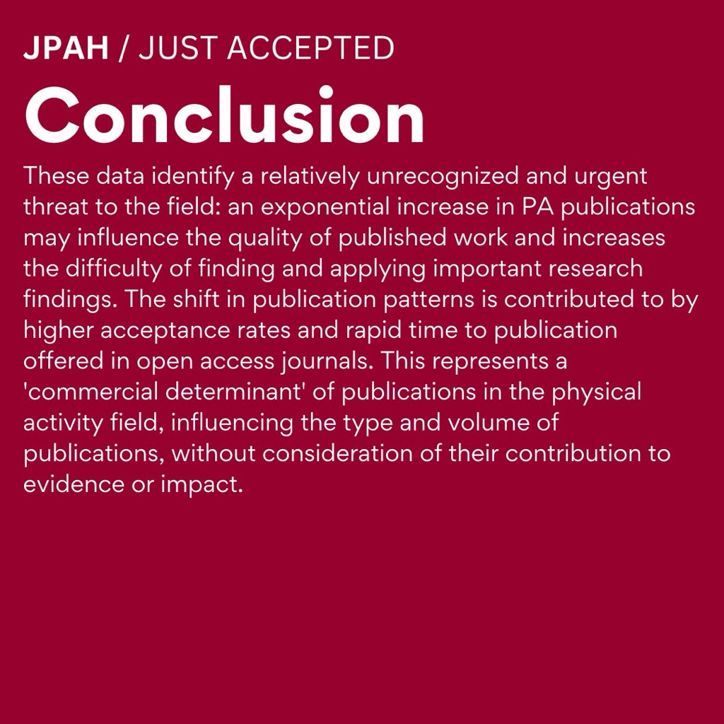 Journal of Physical Activity & Health (@jpahjournal) on Twitter photo 📣Just accepted:
📈 New brief report by <a href="/AdrianBauman/">Adrian Bauman</a> & colleagues highlights a growing issue in #PhysicalActivity research: the surge in publications may lower quality & make it harder to find & apply key findings. 📣Just accepted:
📈 New brief report by <a href="/AdrianBauman/">Adrian Bauman</a> & colleagues highlights a growing issue in #PhysicalActivity research: the surge in publications may lower quality & make it harder to find & apply key findings.