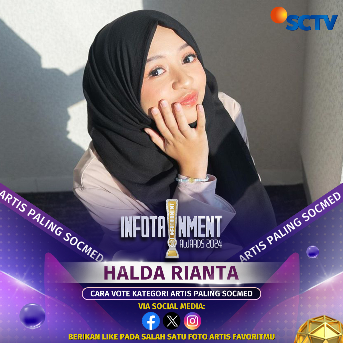 Yuk, dukung Halda Rianta untuk memenangkan penghargaan "Artis Paling Socmed" dengan cara follow SCTV dan like foto ini, ya!

Kamu bisa berikan dukungan di Facebook, Instagram, dan X SCTV.

#VoteIA2024 #InfotainmentAwards2024 #SCTVSpesial #IA2024HaldaRianta