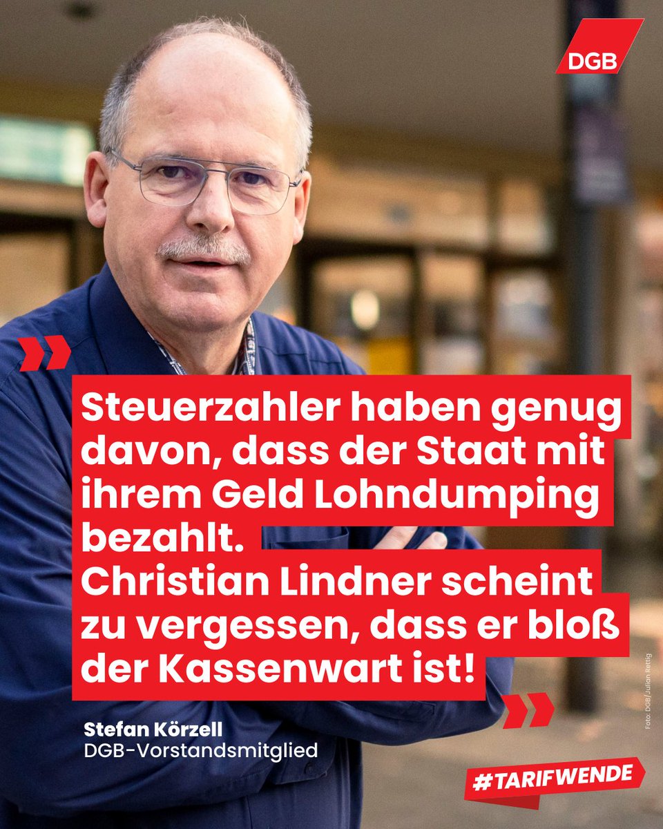 Finanzminister <a href="/c_lindner/">Christian Lindner</a> muss aufhören, das Tariftreuegesetz zu blockieren. Aufträge des Bundes dürfen nur an Unternehmen gehen, die nach Tarif zahlen. Bei #Tariftreue geht es um Fairness: den Beschäftigten gegenüber und den Firmen, die nach Tarif zahlen: dgb.de/gute-arbeit/ta…