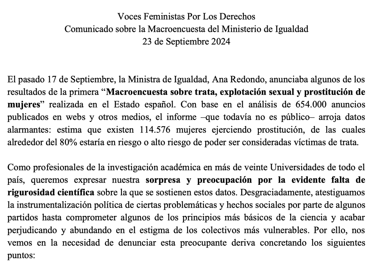 #23 Septiembre 
Comunicado. Ante la publicación de los resultados preliminares de la Macroencuesta sobre prostitución y trata, anunciados por M. Igualdad el 17 Sept. 

Como académicas y profesionales de la investigación social, nos vemos en la necesidad de denunciar lo siguiente:
