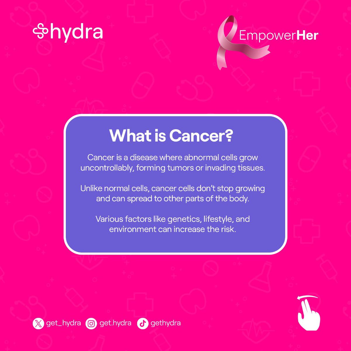 get__hydra's tweet photo. Today, we kick off our campaign with the definition of "Cancer". 

If this was insightful, share with loved ones and help us spread awareness!

Tag a friend or family member who needs to see this
#pinkdp #CancerAwareness #hydracares #empowerher #breastcancerawareness https://t.co/1Y8VGZROZp