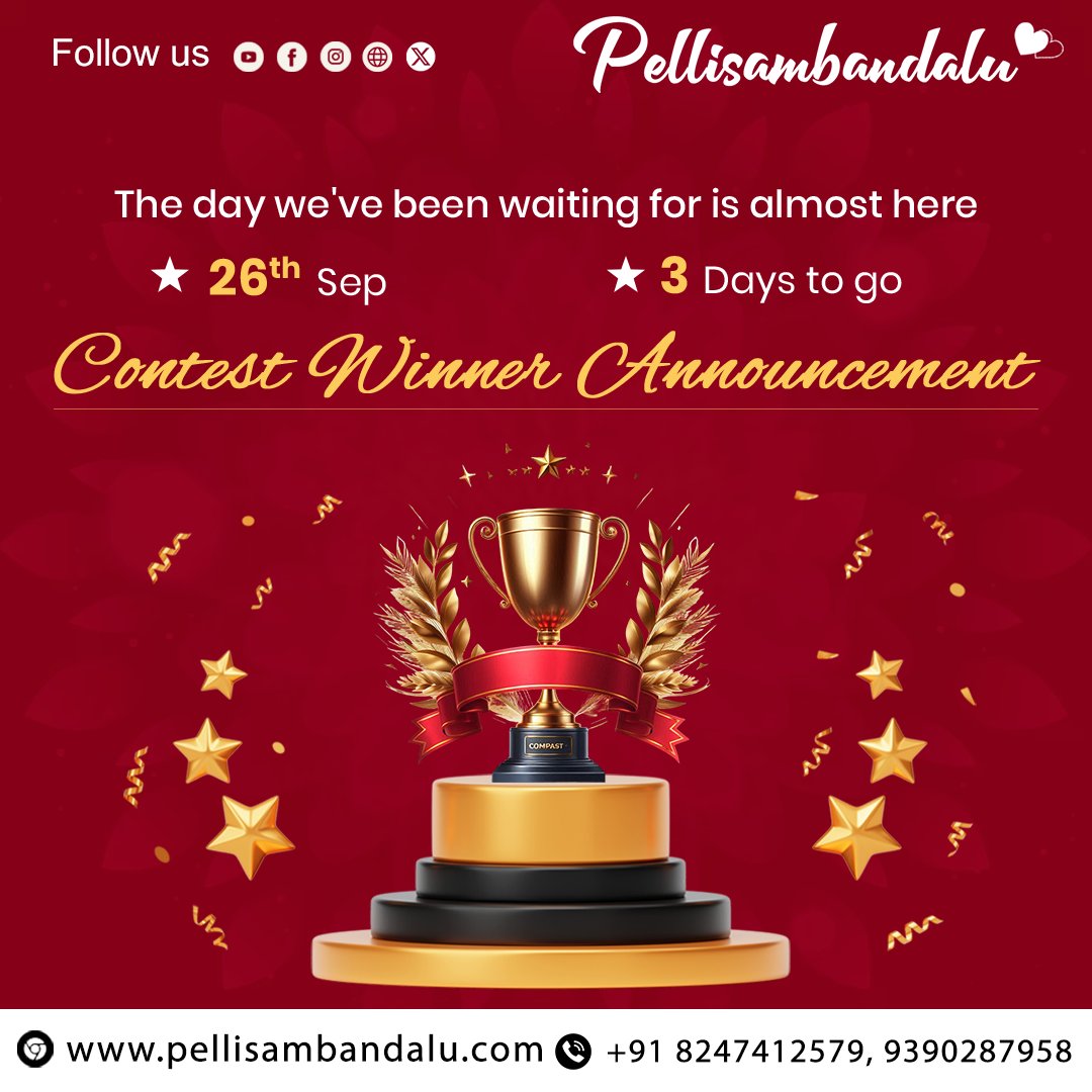 PELLISAMBA27907's tweet photo. The day we've been waiting for is almost here. 
👉Visit our webiste : https://t.co/s4sHGmnihW  
👉Email ✉️ : Customercare@pellisambandalu.com  
👉Call us📞 : 8247412579 
 👉 Location📍 : Hyderabad  
#couple #beautifulcouple #contest #Couplecontest #CoupleContest #CoupleOfTheYear https://t.co/TLNzJ8Gkbd