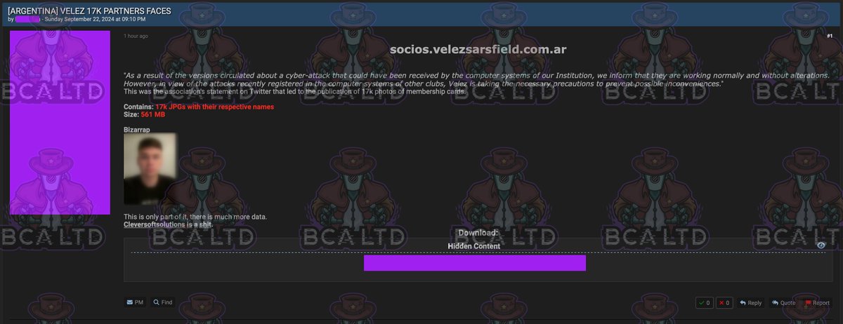 BirminghamCyber's tweet photo. 🔐 New #cybercrime intelligence.

🇦🇷 #Argentina: Threat actor selling 17,000 photos of membership cards from Club Atlético Vélez Sarsfield, including full names. The sample provided features a photograph of Bizarrap’s membership card.

🔎 #ThreatIntelligence: @mbec03. https://t.co/Ijb0xhOnHP