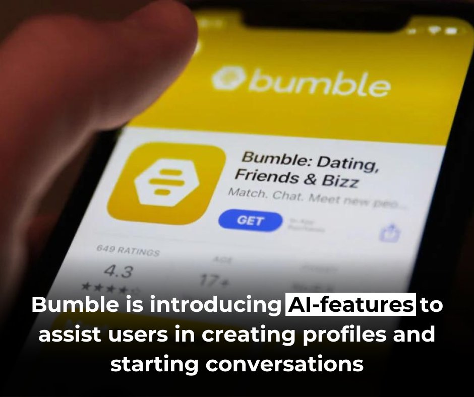 MarketingBuzz04's tweet image. Dating app Bumble is set to launch new artificial intelligence (AI) features to assist users with profile creation and conversation support, according to CEO Lidiane Jones.

#Marketingbuzz #bumble #bumbledating #AI #aiupdates