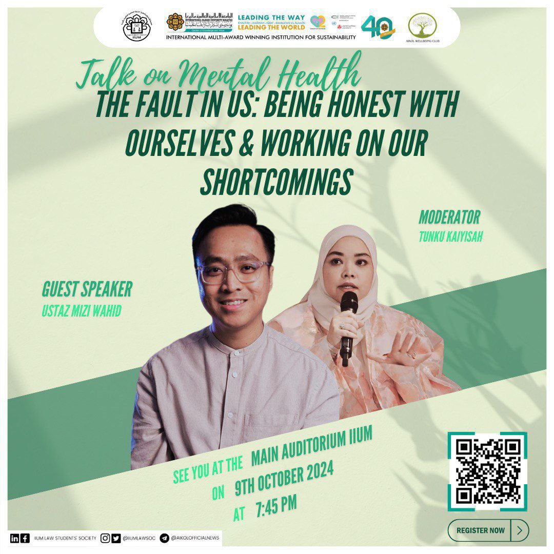 iiumlawsoc's tweet photo. “Mirror, Mirror on the Wall… Is It Really My Call?"

Assalamualaikum and greetings everyone, we are thrilled to invite you to a thought-provoking and inspiring talk brought to you by the Welfare of Law Students' Society 23/24, in collaboration with the AIKOL Well Being Club! https://t.co/OKuUL8M6i7