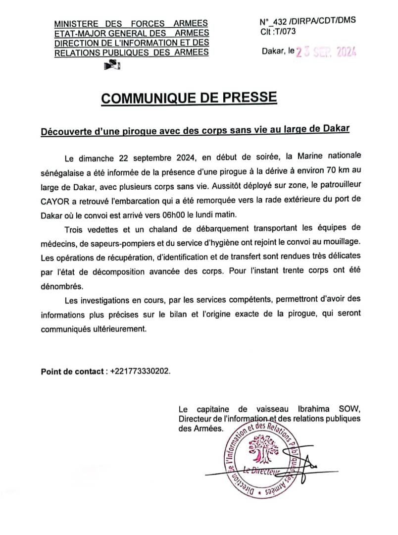 Communiqué relatif à la découverte d'une pirogue avec des corps sans vie au large de Dakar ce 22 septembre 2024