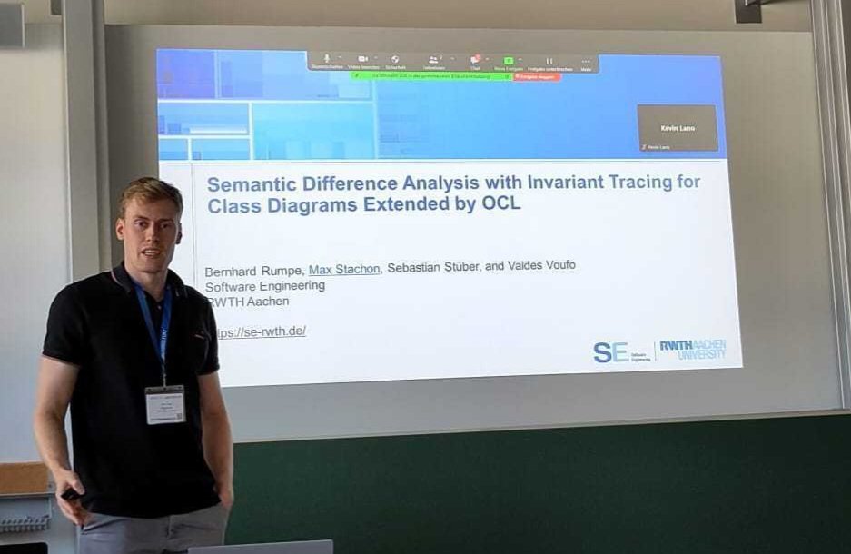 Max Stachon was giving his talk about "Semantic Difference Analysis with Invariant Tracing for Class Diagrams Extended by OCL" at the #MoDeVVa workshop #MODELSconf24. Work with <a href="/bernhard_rumpe/">Bernhard Rumpe</a>, Sebastian Stüber and Valdes Voufo. Program: sites.google.com/site/modevva/p…