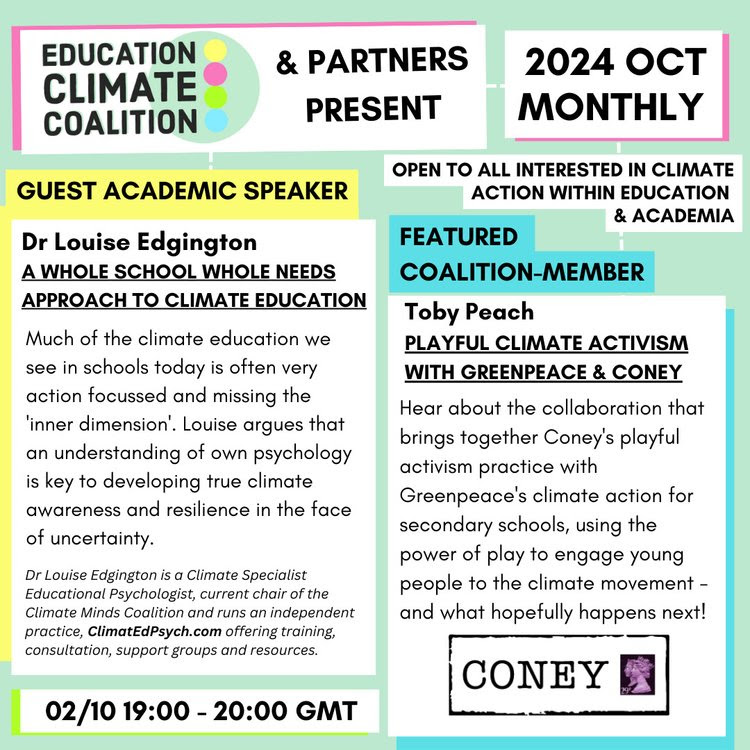 Coney (@agencyofconey) on Twitter photo Join this month's Education Climate Coalition meeting to hear Coney's Associate Director, Toby Peach, chatting about our work with <a href="/GreenpeaceUK/">Greenpeace UK</a> 🌎
🗓️ Wed 2nd October
🕖 7-8pm
💻 Free to attend! Register now: bit.ly/4ed96n4 Join this month's Education Climate Coalition meeting to hear Coney's Associate Director, Toby Peach, chatting about our work with <a href="/GreenpeaceUK/">Greenpeace UK</a> 🌎
🗓️ Wed 2nd October
🕖 7-8pm
💻 Free to attend! Register now: bit.ly/4ed96n4