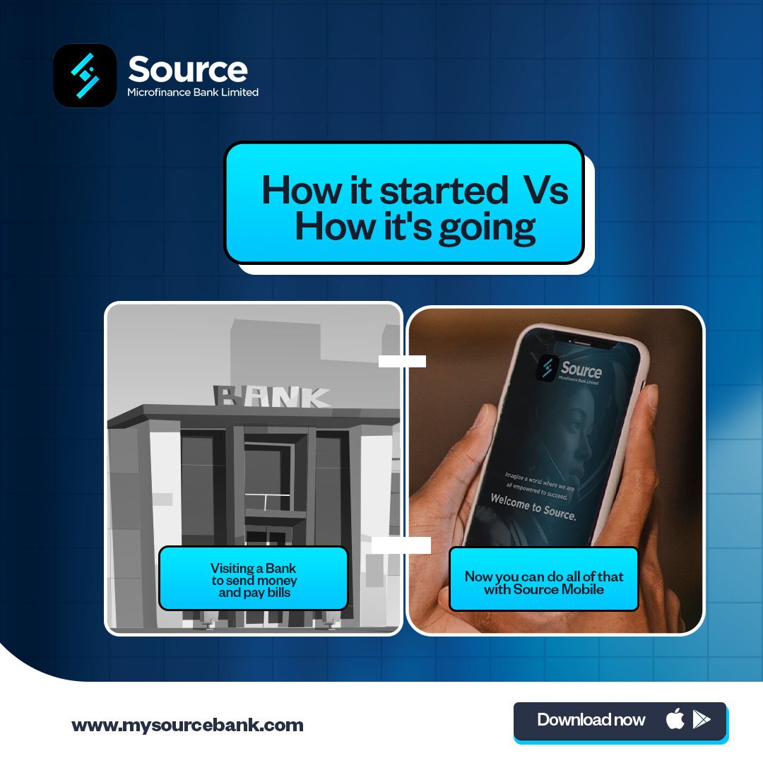 SourceMFB's tweet image. Remember the days of waiting in lines at the bank? 🏦 Not anymore!  Source Mobile has made banking a breeze. You can now carry out all your transactions from wherever you are.   
Download Source Mobile to experience the convenience today. #SourceMFB #SourceMobile #DigitalBanking