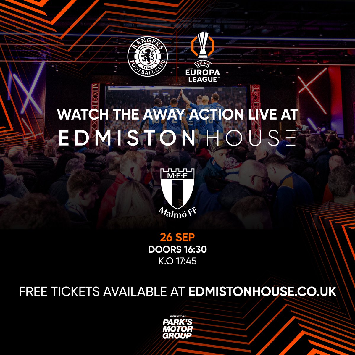 💙 #RangersFC v Malmö FF 

🙌 Join us at Edmiston House, presented by Park’s Motor Group on Thursday and watch <a href="/EuropaLeague/">UEFA Europa League</a> Away Leg Live. 

⏰ Kick off is at 5:45pm and Doors Open at 4:30pm 

Get your FREE Ticket now 👉 rng.rs/3BeFUx8