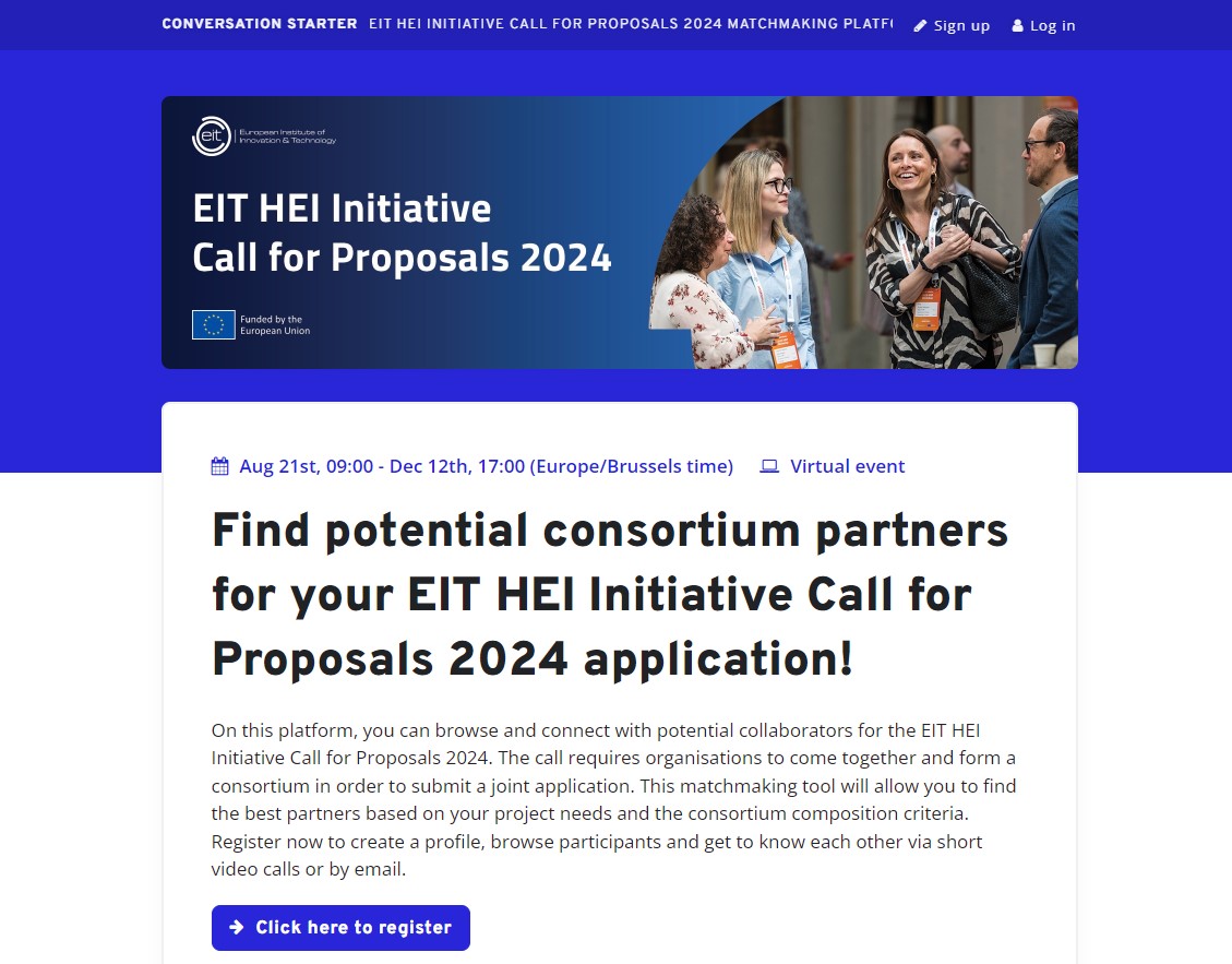 Looking to connect with the perfect consortium partner for your #EIT_HEI Initiative Call for Proposals 2024 application? 🚀

Our networking and matchmaking platform is officially live! 🤝

Create your profile now and let the matchmaking begin! 👇
events.conversationstarter.net/e/eit-hei-part…