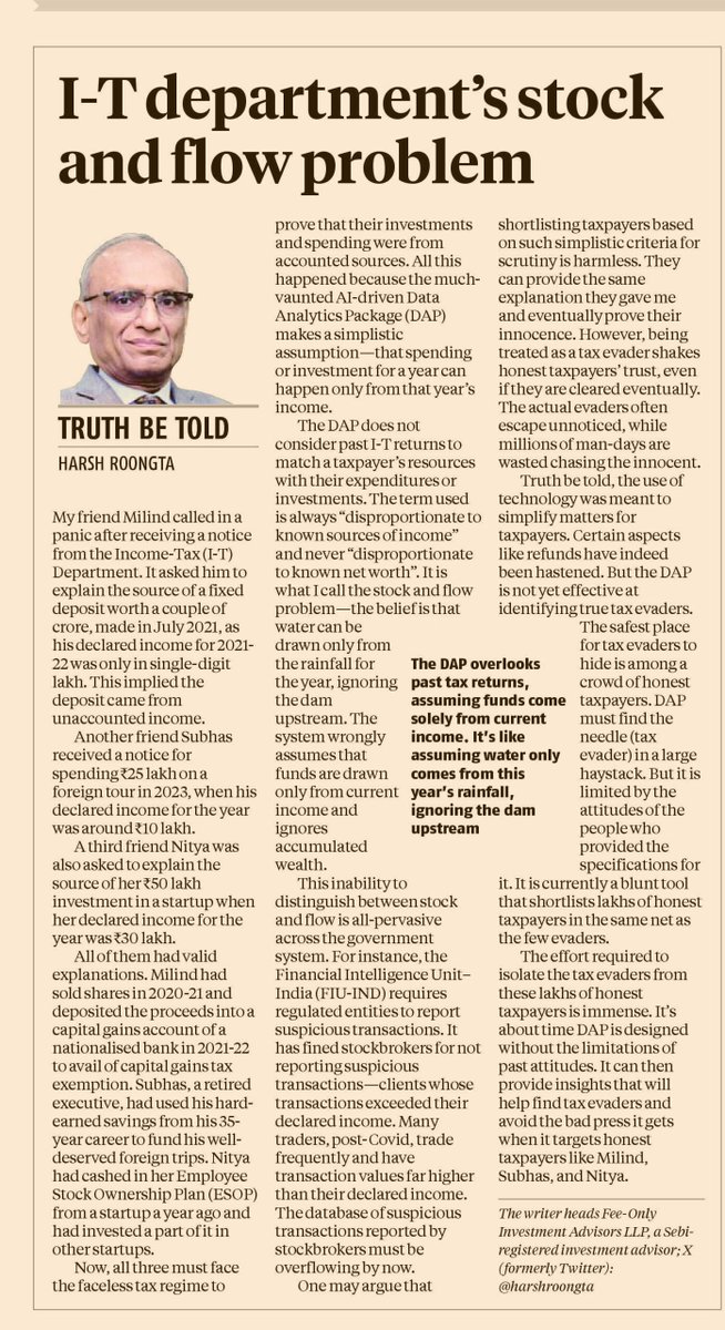 harshroongta's tweet photo. Lakhs of tax payers have received notices from @IncomeTaxIndia regarding the tax payers expenses or investments being disproportionate to their taxable income for the same year - implying that the expenses or investments are  from unaccounted sources. Most cases have simple explanations - the income was declared in a previous year or it is exempt income - facts already available in the tax dept database. Yet lakhs of tax payers have to duel with the tax authorities to prove their credentials. Most people emerge victorious after a long and arduous ordeal costing time and money. The tax department resources are used up in dealing with the honest tax payers & the tax evaders may escape. My article in @bsindia on why the #Incometax departments Data Analysis Package can cross tally more information and thus have more pointed search results that is more likely to net tax evaders while being bothersome for fewer honest tax payers. Article link https://t.co/noucSGHwRw #personalfinance @feeonlyia @saurabhsmittal