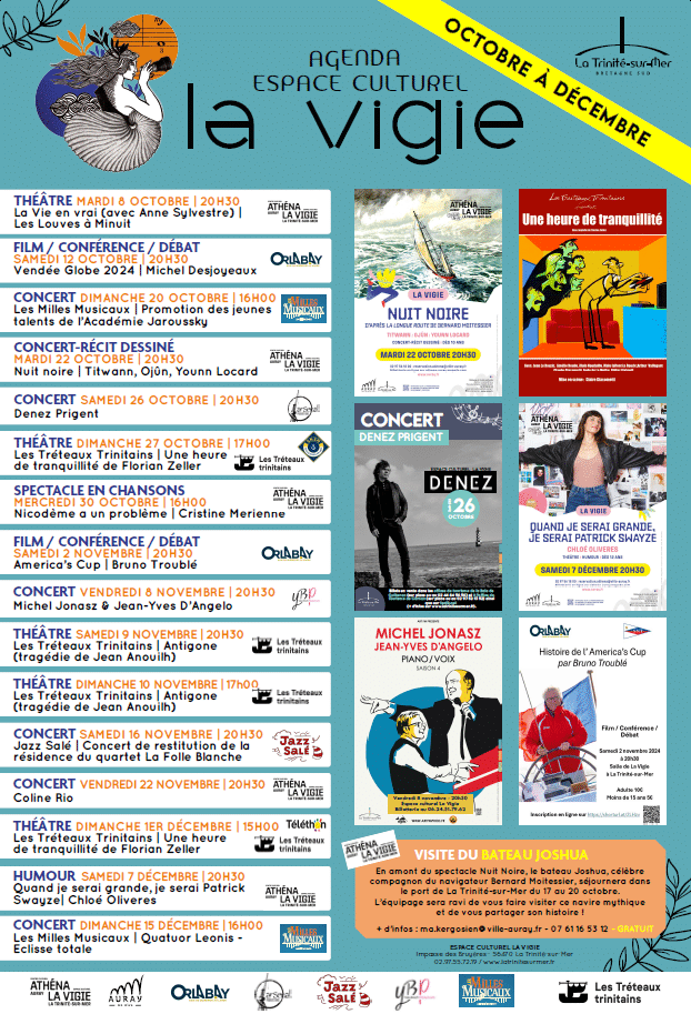 Il y en aura pour tous les goûts et tous les âges dans la nouvelle programmation de l'espace culturel La Vigie. 

👉 Réservez vite vos places . 

📌 Espace culturel La Vigie : Impasse des Bruyères 56470 La Trinité-sur-Mer
 Parking gratuit à proximité -… dlvr.it/TDZdsr